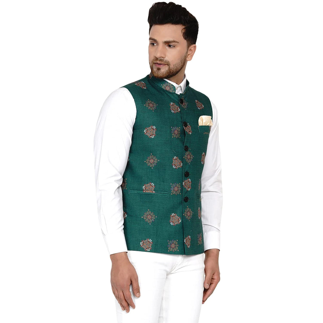 From Mehendi to Mandap | Teal Green Printed Cotton Jacket for Men