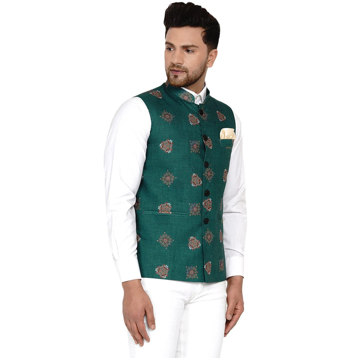 From Mehendi to Mandap | Teal Green Printed Cotton Jacket for Men