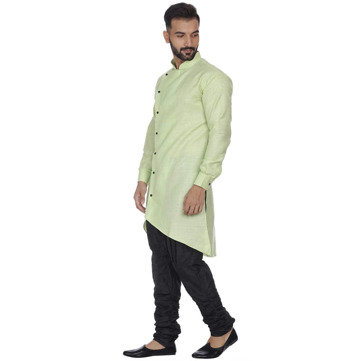 Men's Pista Green Zig Zag Plain Long Cotton Kurta | Machine Weave Fabric