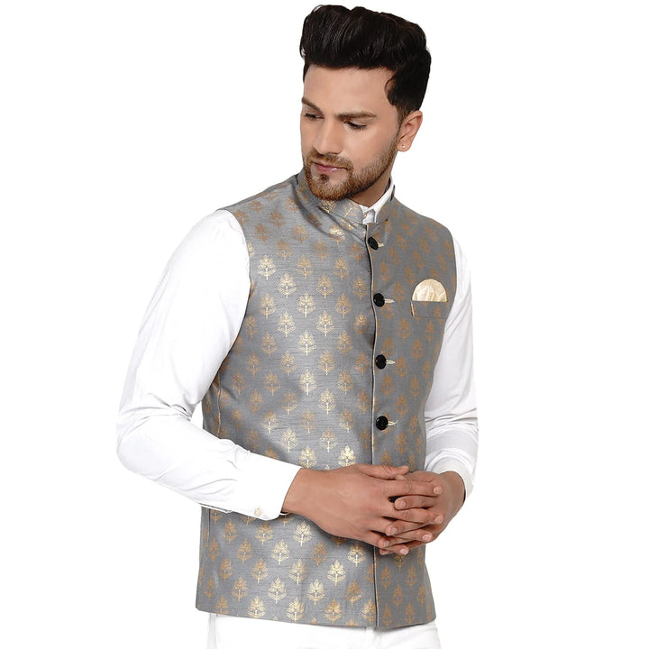 Royal Banarasi Nehru Jacket for Men | Art Silk Printed Elegance