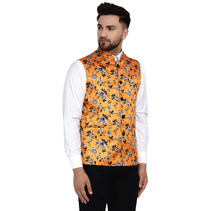 Trendy Satin Nehru Jacket | Yellow  Silk Blend with Print Design