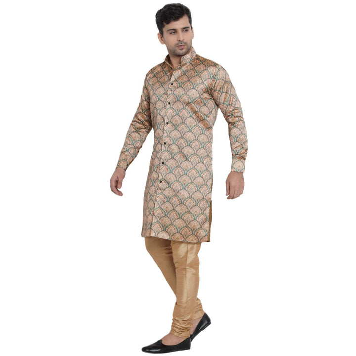 Traditional Beige Sherwani Kurta | Silk Multi Print Design