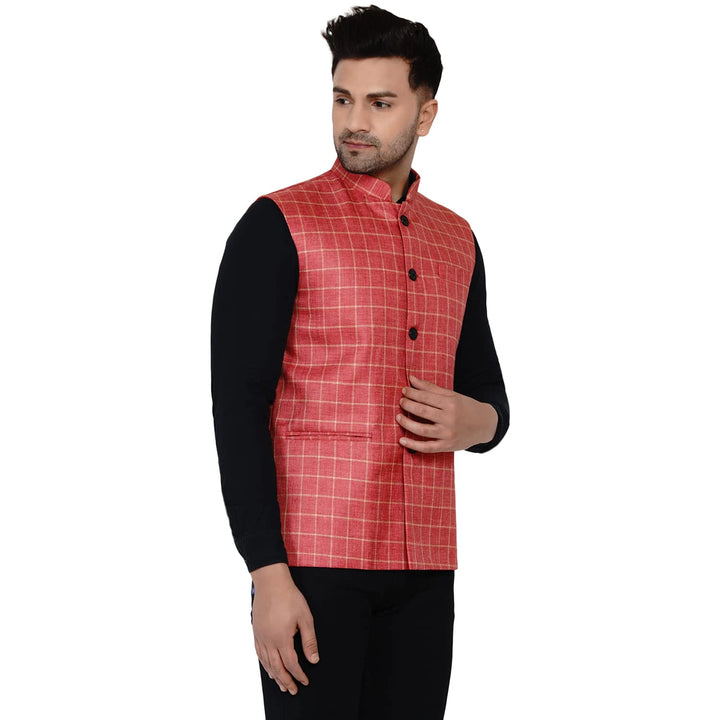 Checkered Jute Print Nehru Jacket | Cotton Ethnic Style for Men