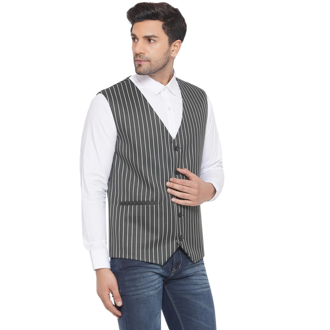 White Striped Waistcoat for Men | Cotton Poly Formal & Casual Wear
