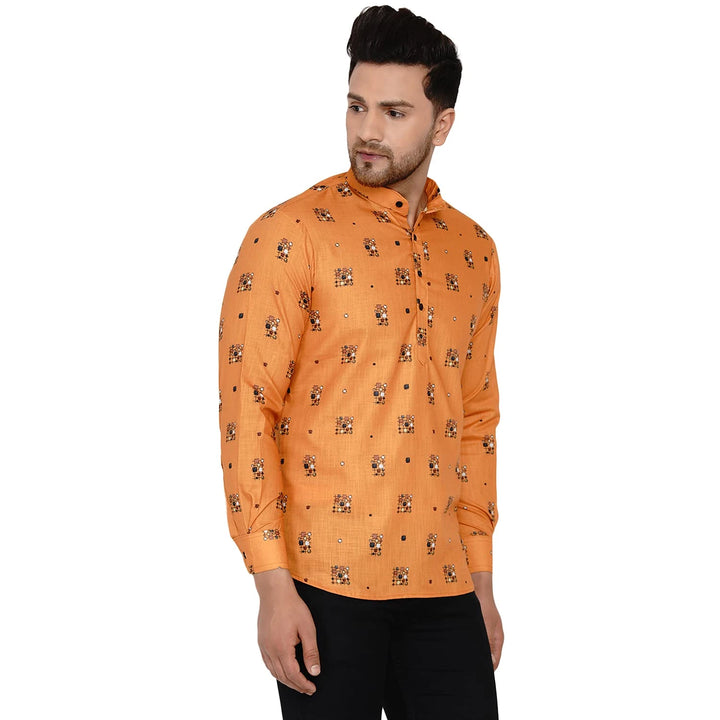 Vibrant Orange Cotton Kurta for Men | Ethnic Print Short Style