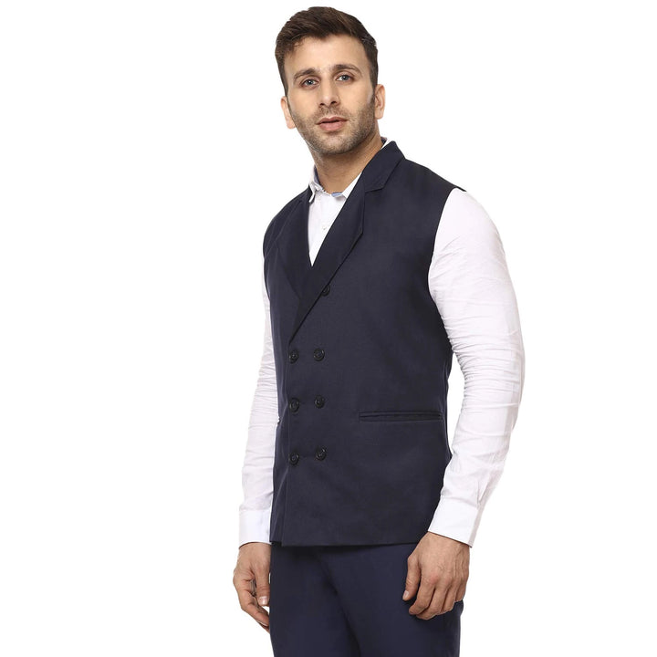 Navy Blue Sleeveless Waistcoat for Men | Cotton Poly Mandarin Style