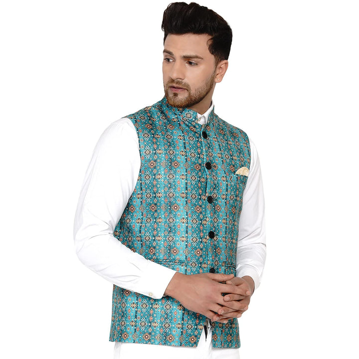 Trendy Nehru Jacket in Rama Color | Cotton Printed Perfection