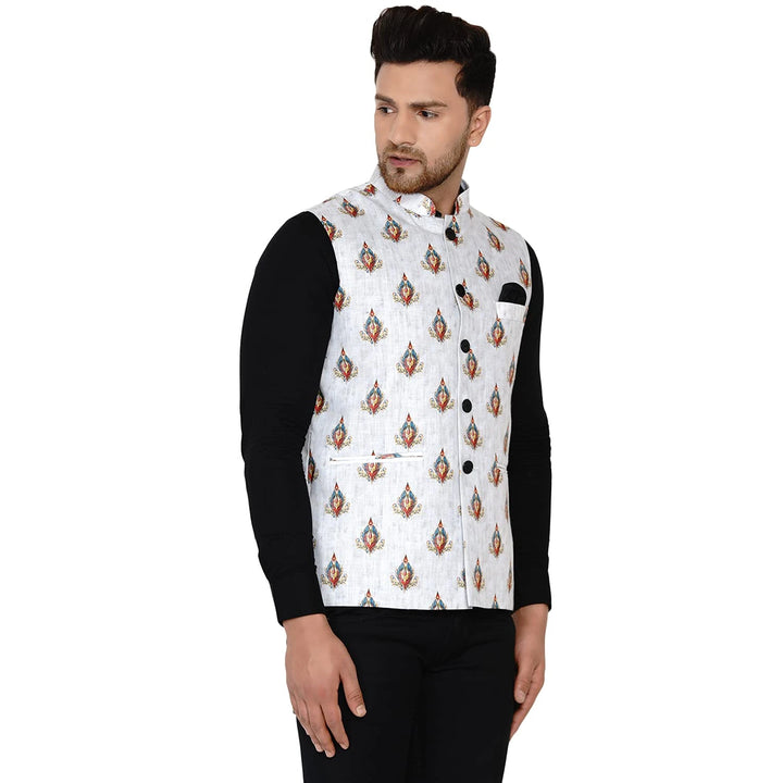 White Cotton Printed Nehru Jacket for Men | Elegant Festive Wear