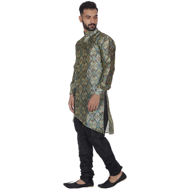 Green Dupion Silk Long Kurta | Zig Zag Print for Men  Traditional Wear
