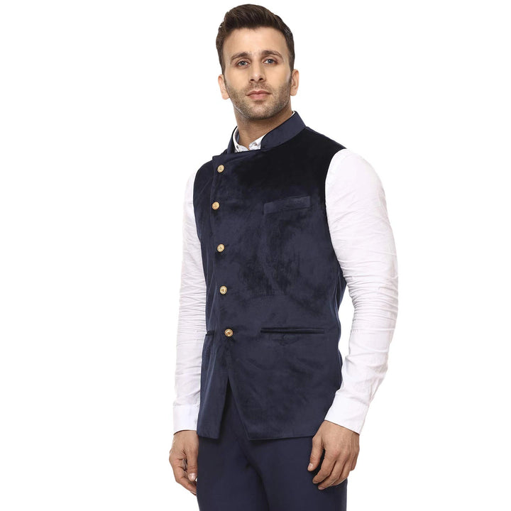 Luxurious Velvet Ethnic Jacket | Navy Blue Festive Look