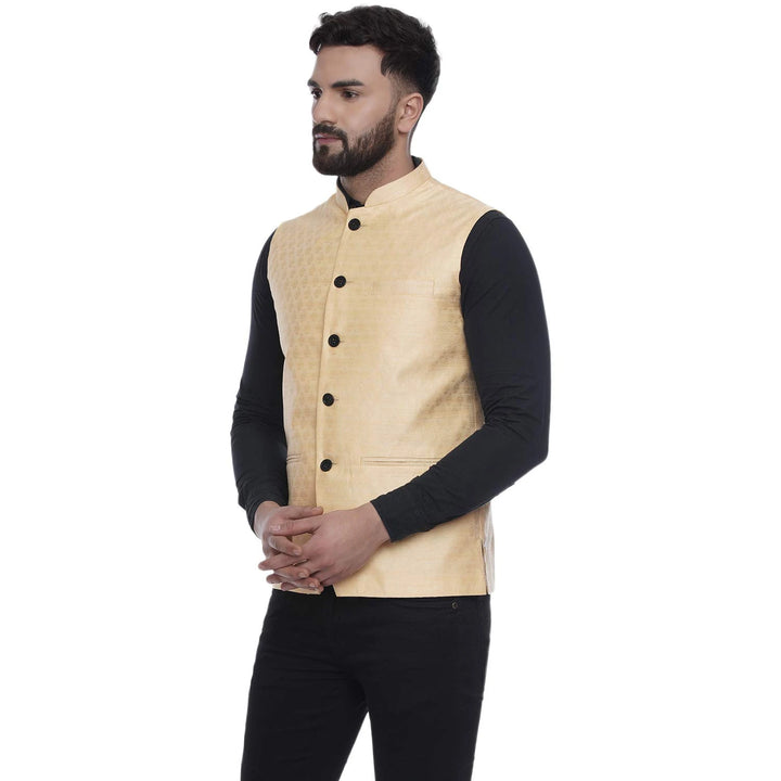 Vibrant Light Yellow Nehru Jacket | Jacquard Print for Celebrations