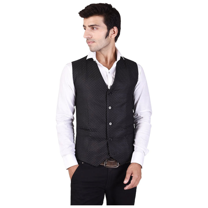 Men’s Black Cotton Printed Nehru Jacket | Chinese Collar Waistcoat Style