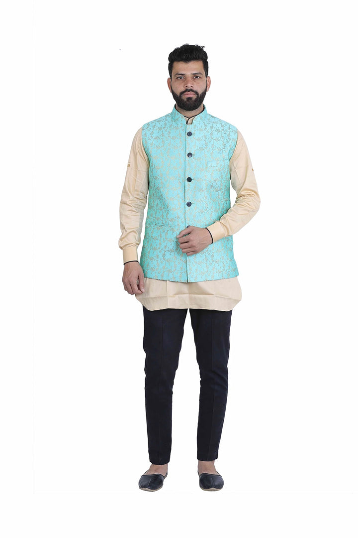 Regal Sky-Blue Nehru Jacket | Printed Silk for Royal Vibes