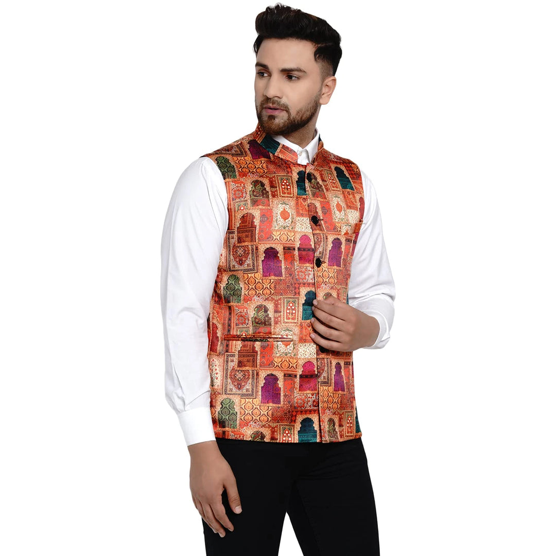 Timeless Multicolor Nehru | Men's Satin Jacket with Luxe Print