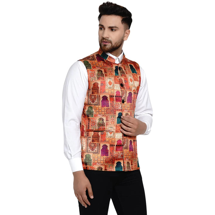 Timeless Multicolor Nehru | Men's Satin Jacket with Luxe Print