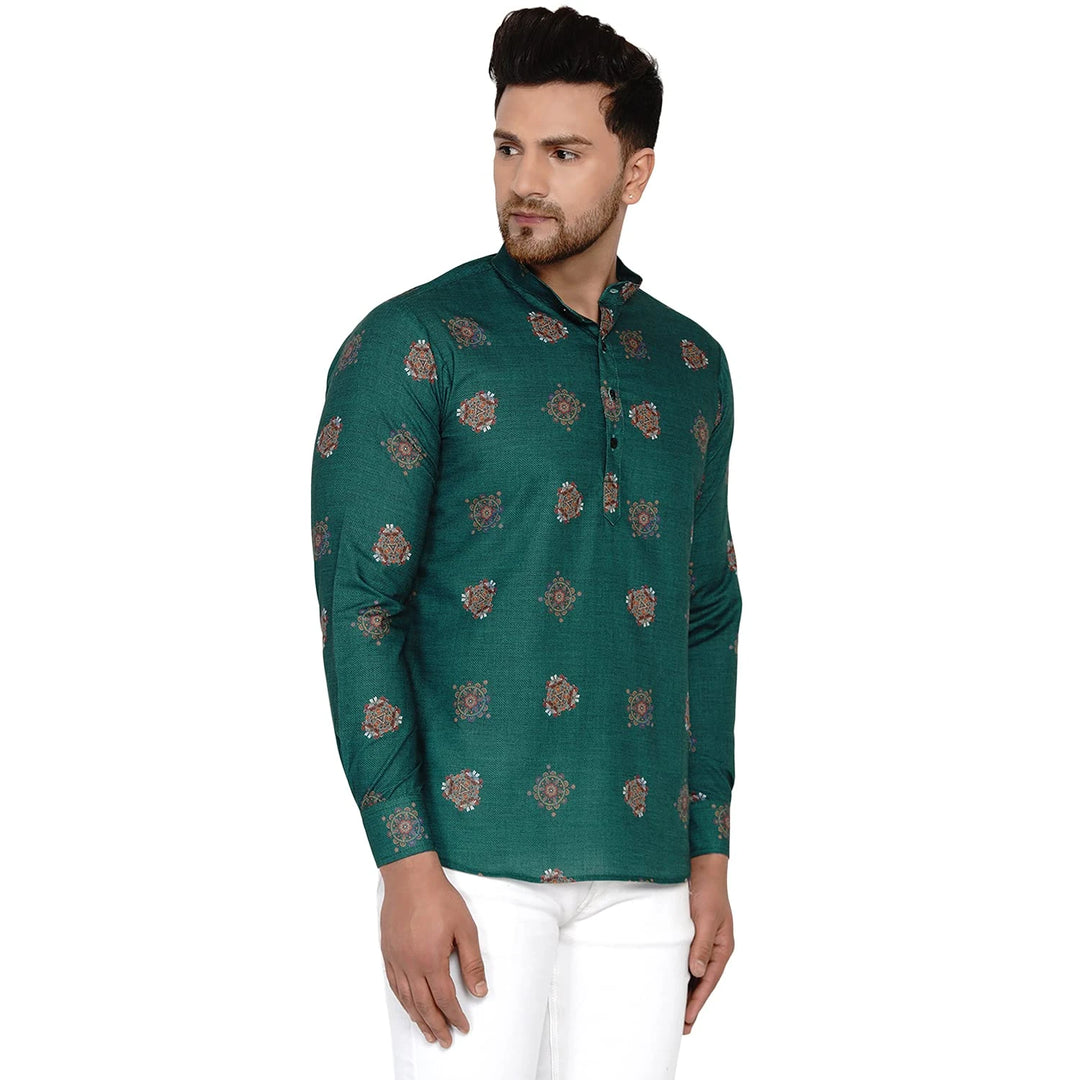 Trendy Printed Cotton Kurta for Men | Teal Green Short Festive Wear