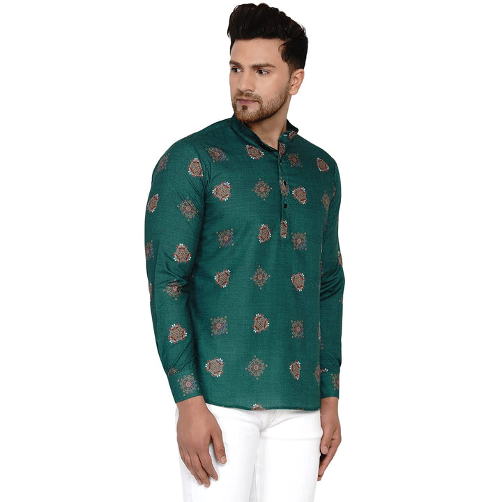 Trendy Printed Cotton Kurta for Men | Teal Green Short Festive Wear