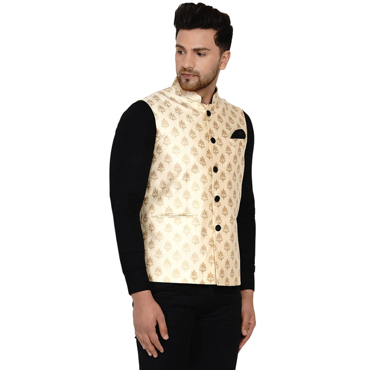 Graceful Charm in Cream Nehru Jacket | Banarasi Art Silk Edition