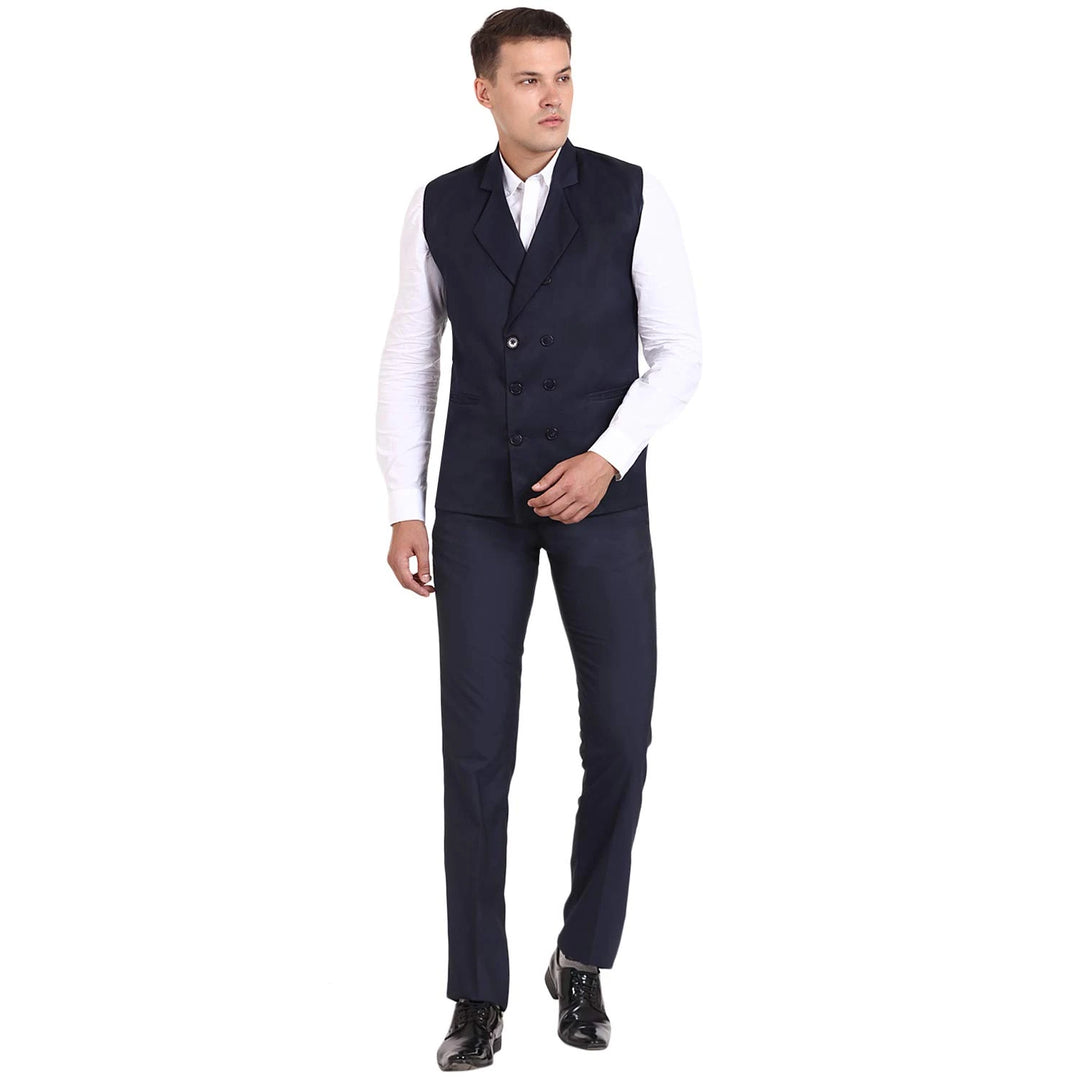 Navy Blue Designer Collar Waistcoat | Poly Cotton for Men