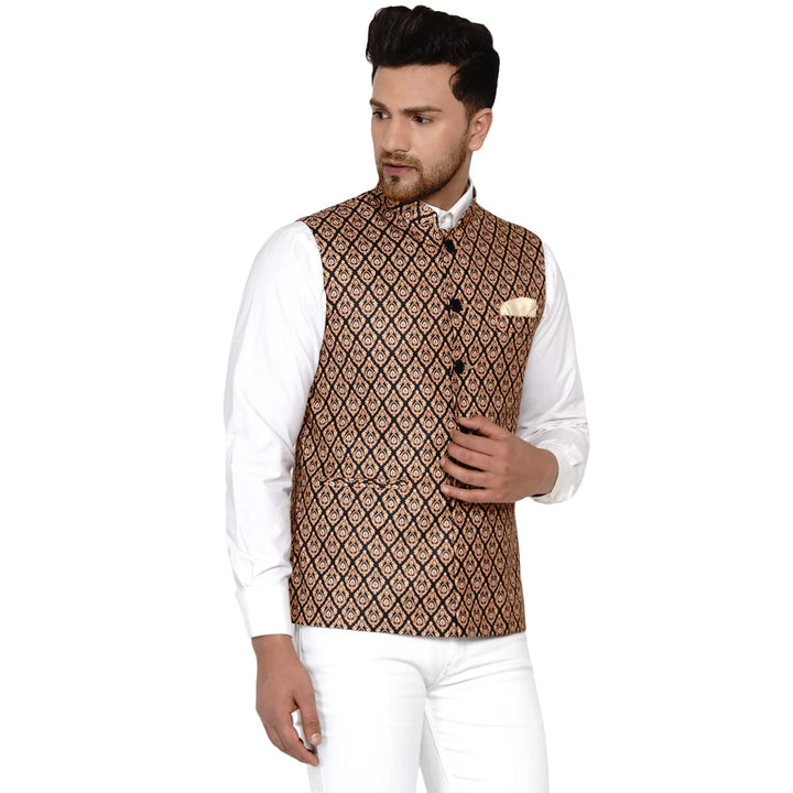 Brown Printed Cotton Nehru Jacket | Classic Men’s Ethnic Wear