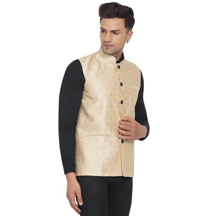Beige Jacquard Nehru Jacket for Men | Designer Wedding Wear