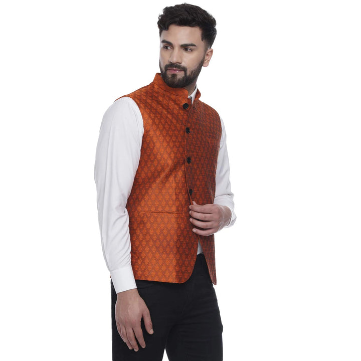 Royal Jacquard Nehru Jacket | Orange Art Silk for Weddings