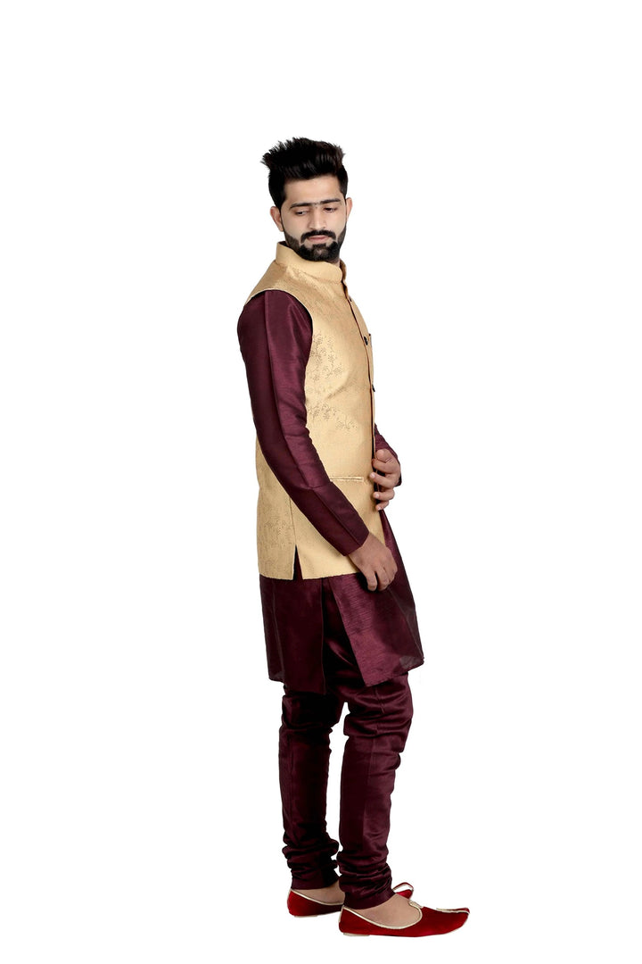 Ethnic Banarasi Nehru Jacket | Chiku Color Silk Blend Fashion