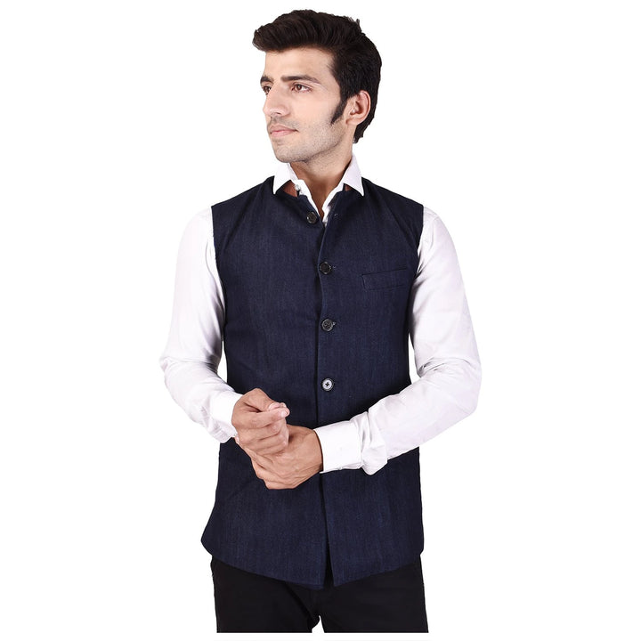 Trendy Denim Look Nehru Jacket | Cotton Blend Chinese Collar for Men
