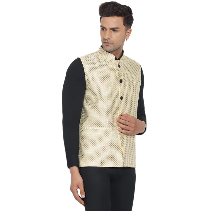 Beige Jacquard Nehru Jacket for Men | Stylish Ethnic Jacket