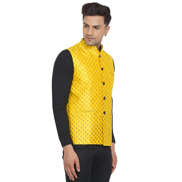 Yellow Banarasi Nehru Jacket for Men | Designer Festive Wear