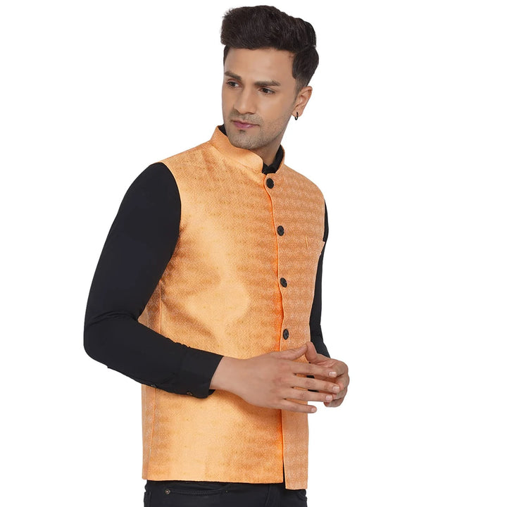 Peach Nehru Jacket for Men | Printed Jacquard Designer Jacket