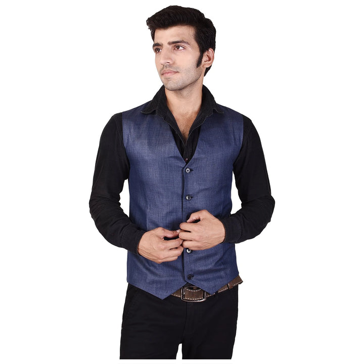 Men's Navy Cotton Poly Waistcoat | Stylish Buttoned Woven Design