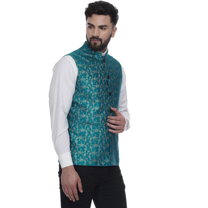 Stunning Traditional Rama Art Silk Jacket | Banarasi Print Nehru Style