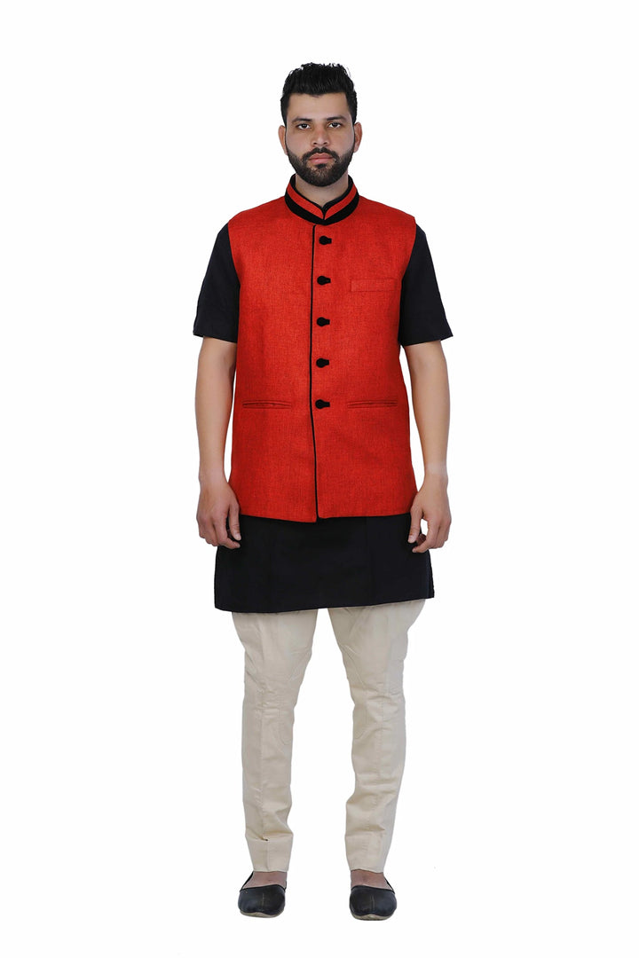 Bold Red Cotton Jacket | Jute Style Nehru Jacket for Events