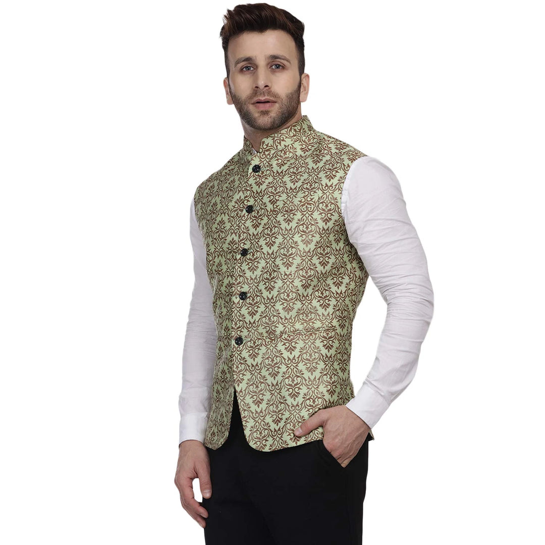 Elegant Pista Green Nehru Jacket | Jacquard Printed Art Silk
