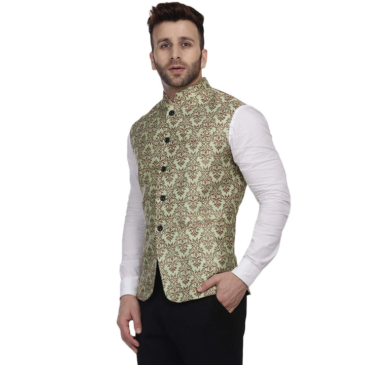 Elegant Pista Green Nehru Jacket | Jacquard Printed Art Silk
