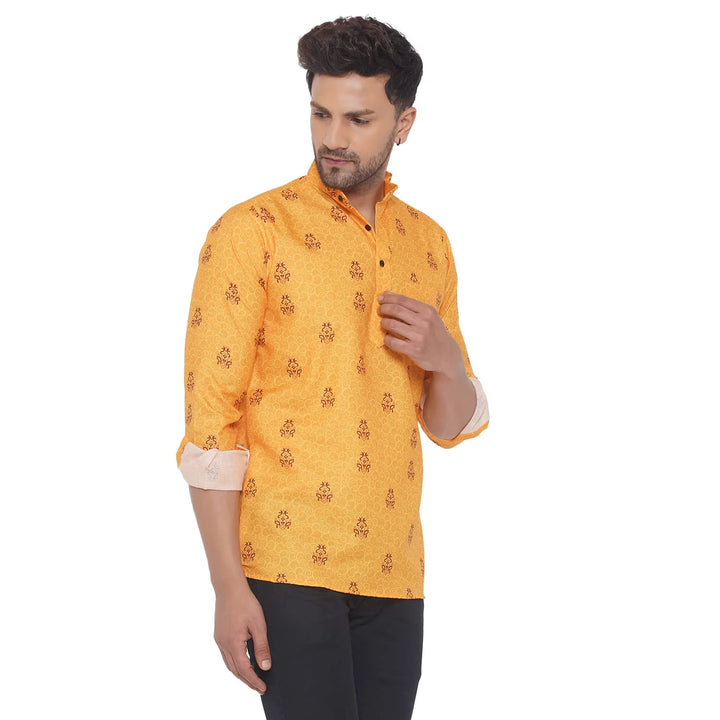 Vibrant Yellow Cotton Kurta for Men | Printed Ethnic Short Wear