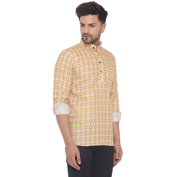 Yellow Festive Short Kurta | Premium Cotton Printed for Men