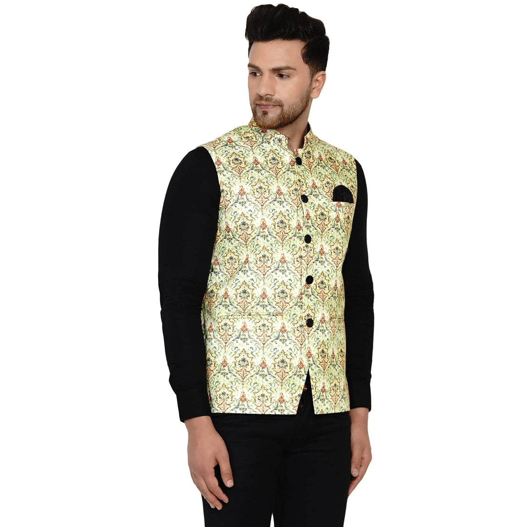 Pista Green Printed Cotton Nehru Jacket for Men |  for Weddings