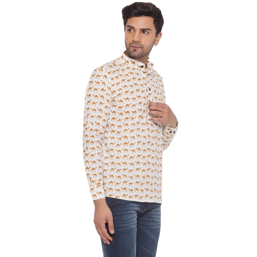 Trendy Cotton Kurta for Men | Sanganeri Camel Printed Classic