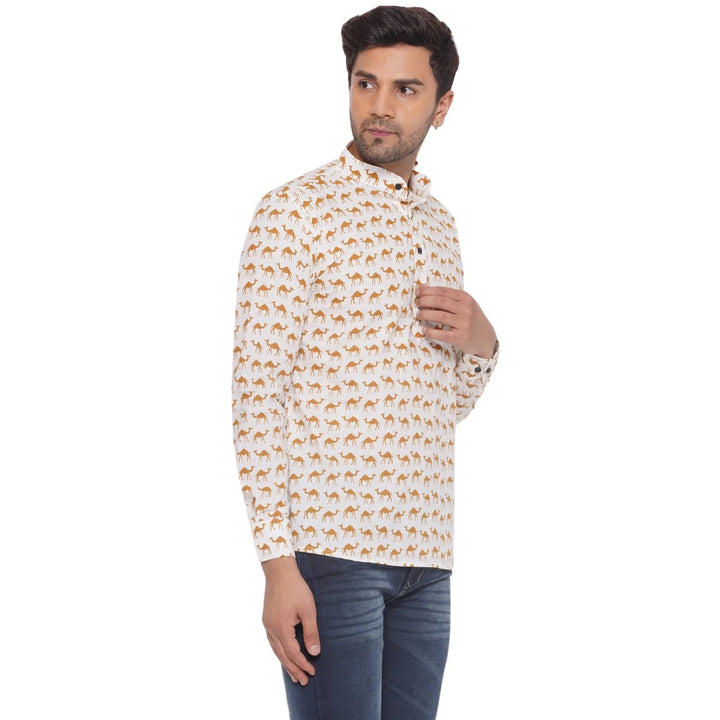 Trendy Cotton Kurta for Men | Sanganeri Camel Printed Classic