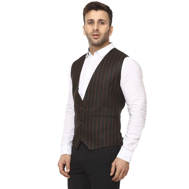 Men's Waist Coat in Black | Striped Poly Cotton Festive Wear