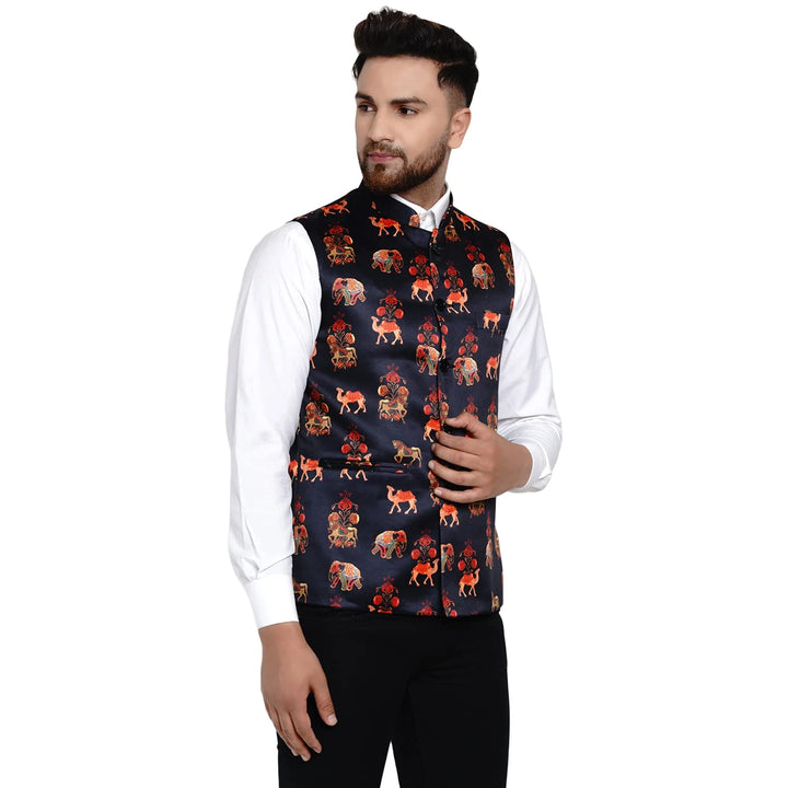 Black Satin Nehru Jacket | Elegant Elephant Print Design