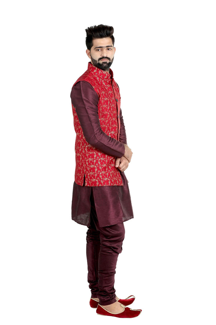 Elegant  Red Banarasi Print Nehru Jacket for Men | Wedding & Festive Look