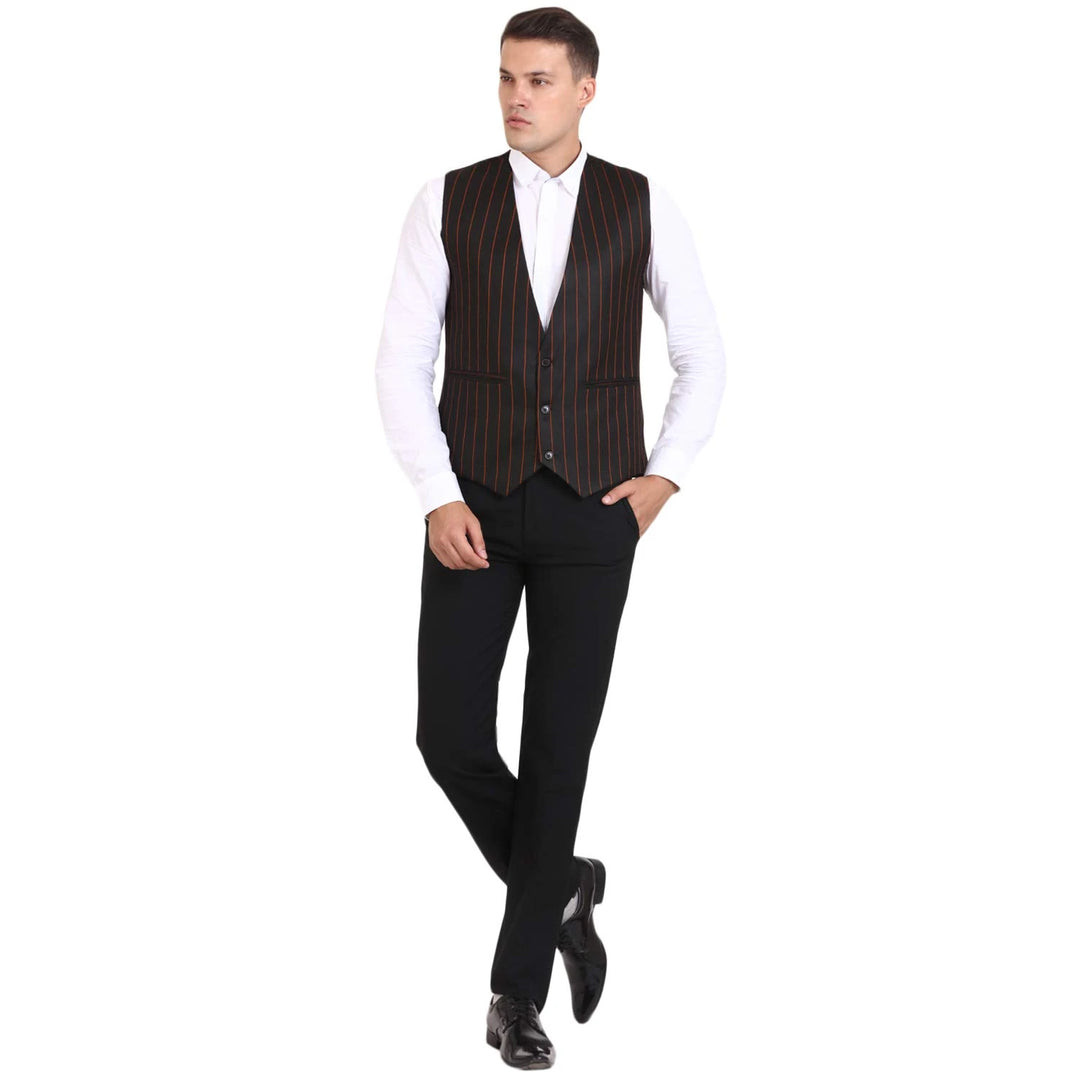 Men’s Striped Black Waistcoat | Poly Cotton Round Neck Design