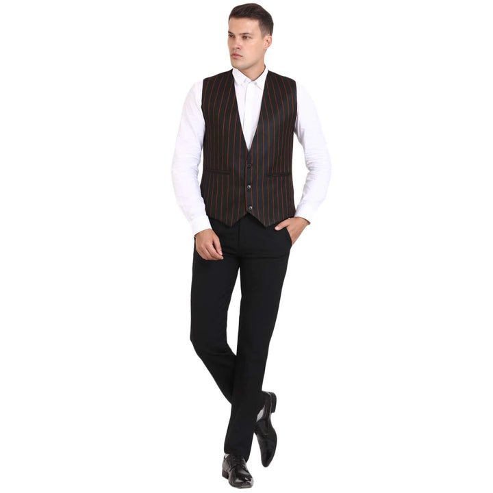 Men’s Striped Black Waistcoat | Poly Cotton Round Neck Design