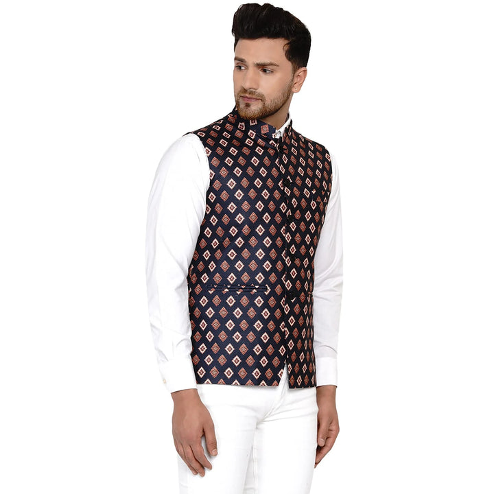 Elegant Printed Cotton Jacket | Brown Ethnic Nehru Style