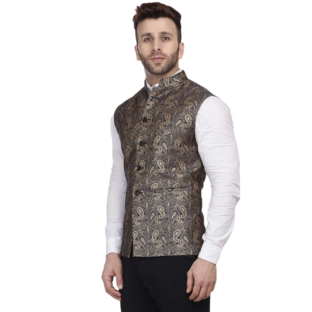 Party Wear Nehru Jacket for Men | Black Banarasi Jacquard Design