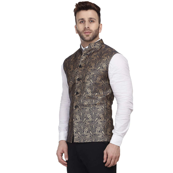 Party Wear Nehru Jacket for Men | Black Banarasi Jacquard Design
