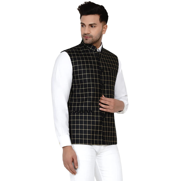 Checkered Jute Print Nehru Jacket | Cotton Ethnic Style for Men